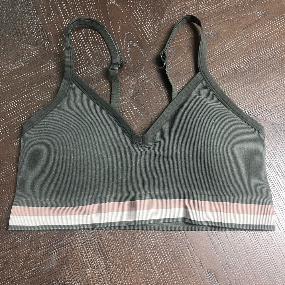 SPANX Olive Green Ribbed Sports Bra with Pink and White Stripe
